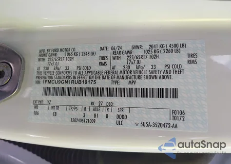 2024 Ford Escape Active z USA, uszkodzony, nr VIN 1FMCU9GN1RUB10175